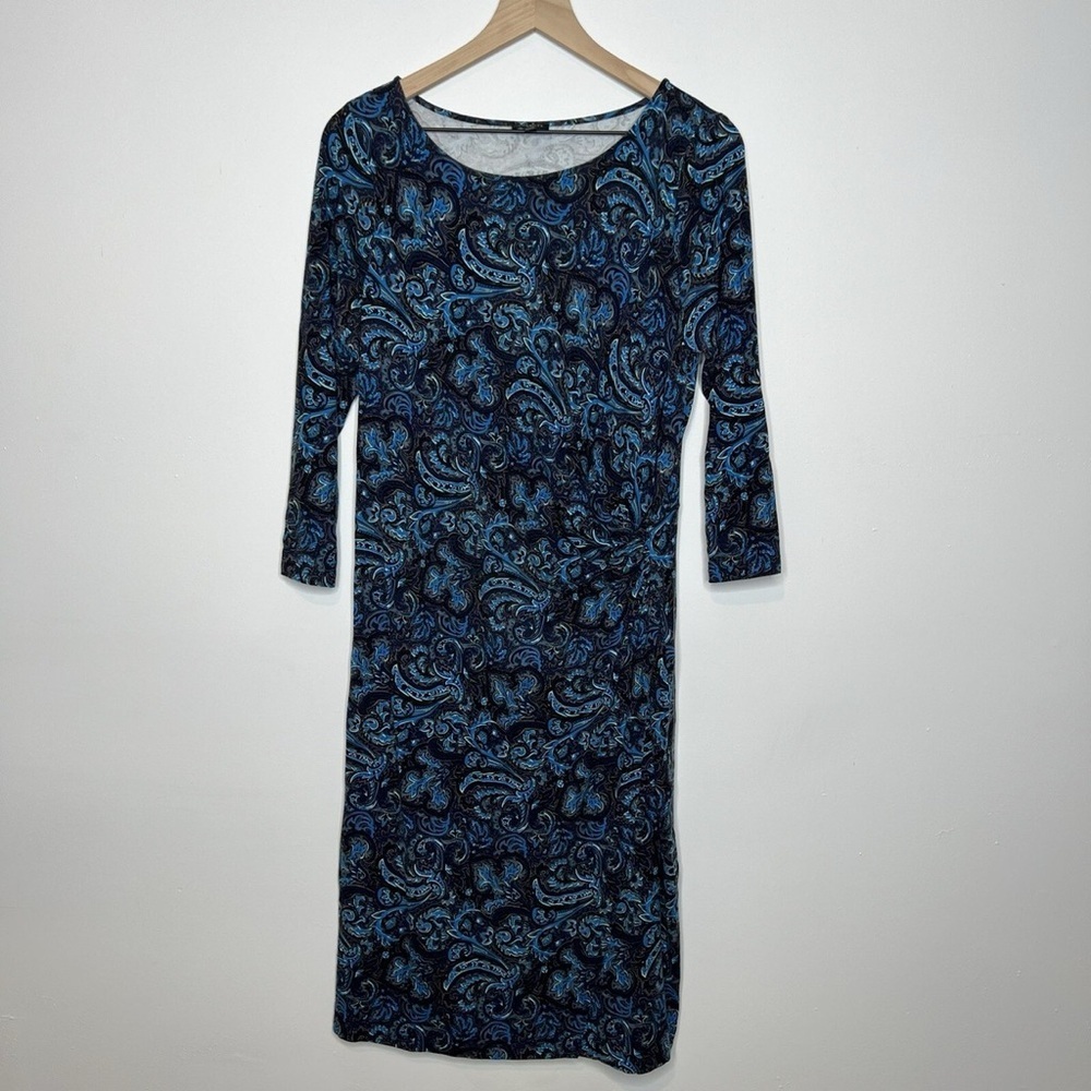 Talbots Bella Side-Drape Dress Blue & Black Paisley Size Large EUC